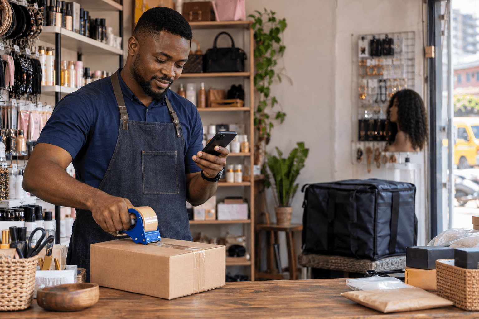 Illustrative image of a Nigerian shop owner sealing a paid customer order for delivery