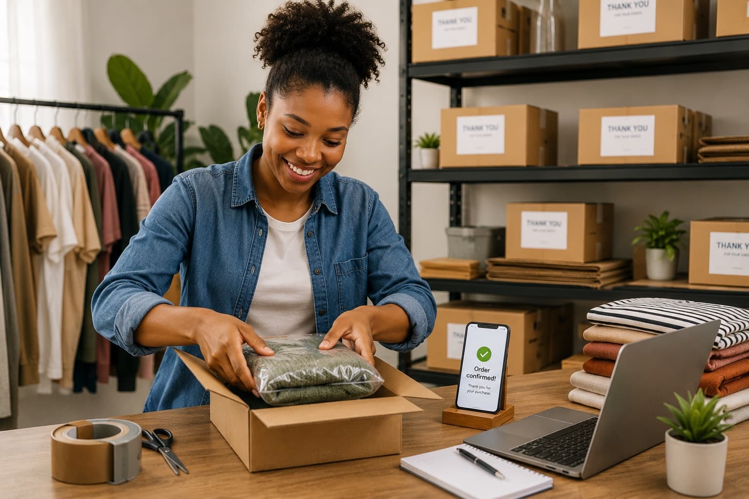 A seller packing a customer order, with the order confirmation showing on her phone